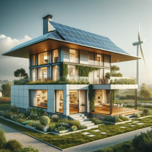 A smart home design with a balanced integration of green energy features. The exterior of the house has a modest number of solar panels on the roof.